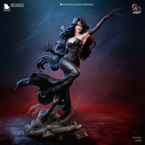 Lust Fullmetal Alchemist collectible figure color render featuring a black dress, long dark hair, sharp claws, and rubble display base