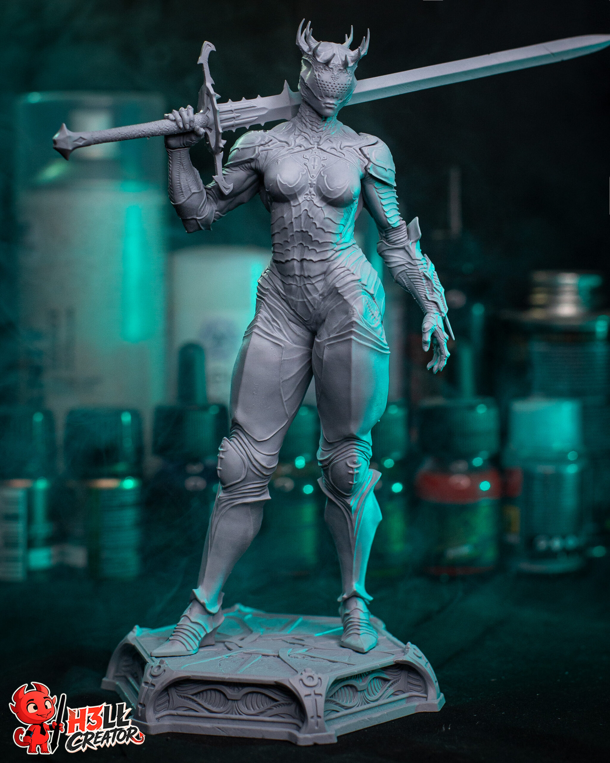 Front photograph of the unpainted Proxima statue from Mortal Shell 2 by H3ll Creator, highlighting the layered chest armor, ornate helmet, sword, and decorative pedestal under teal studio lighting.