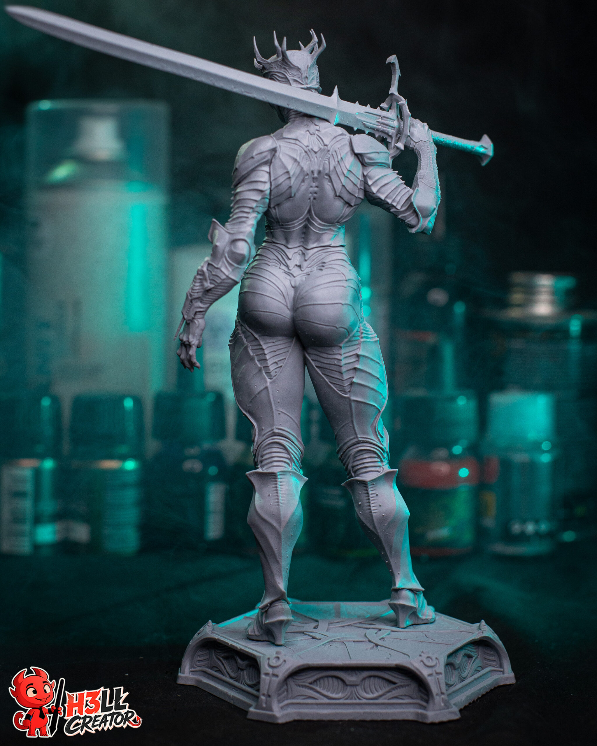 Rear view of the unpainted Proxima Mortal Shell 2 collectible statue by H3ll Creator, showing the intricate back armor, segmented leg plates, massive sword, and gothic display base.