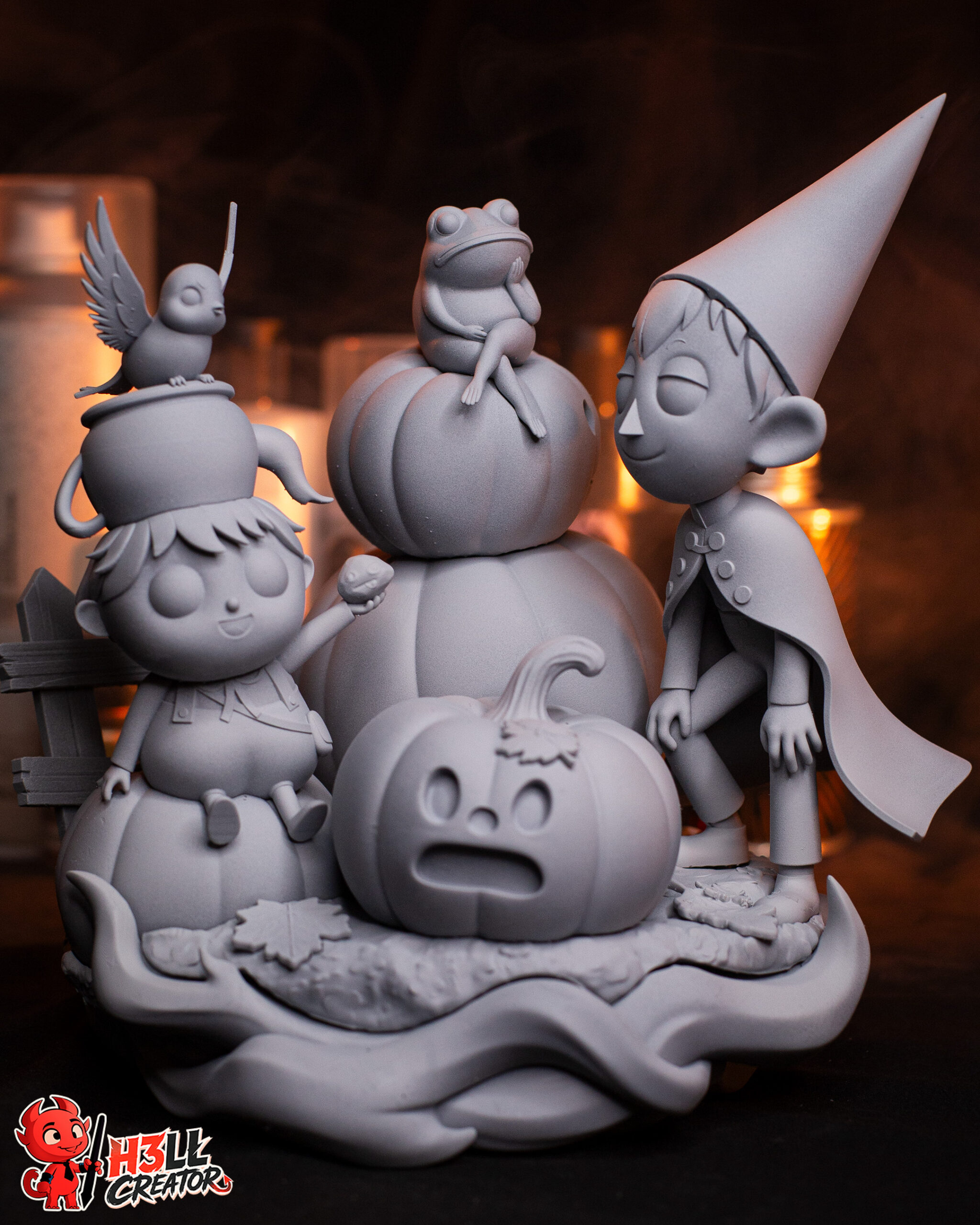 Front photograph of the unpainted Wirt and Greg Over the Garden Wall statue by H3ll Creator, showing the brothers, frog, bluebird, stacked pumpkins, and sculpted woodland display base.