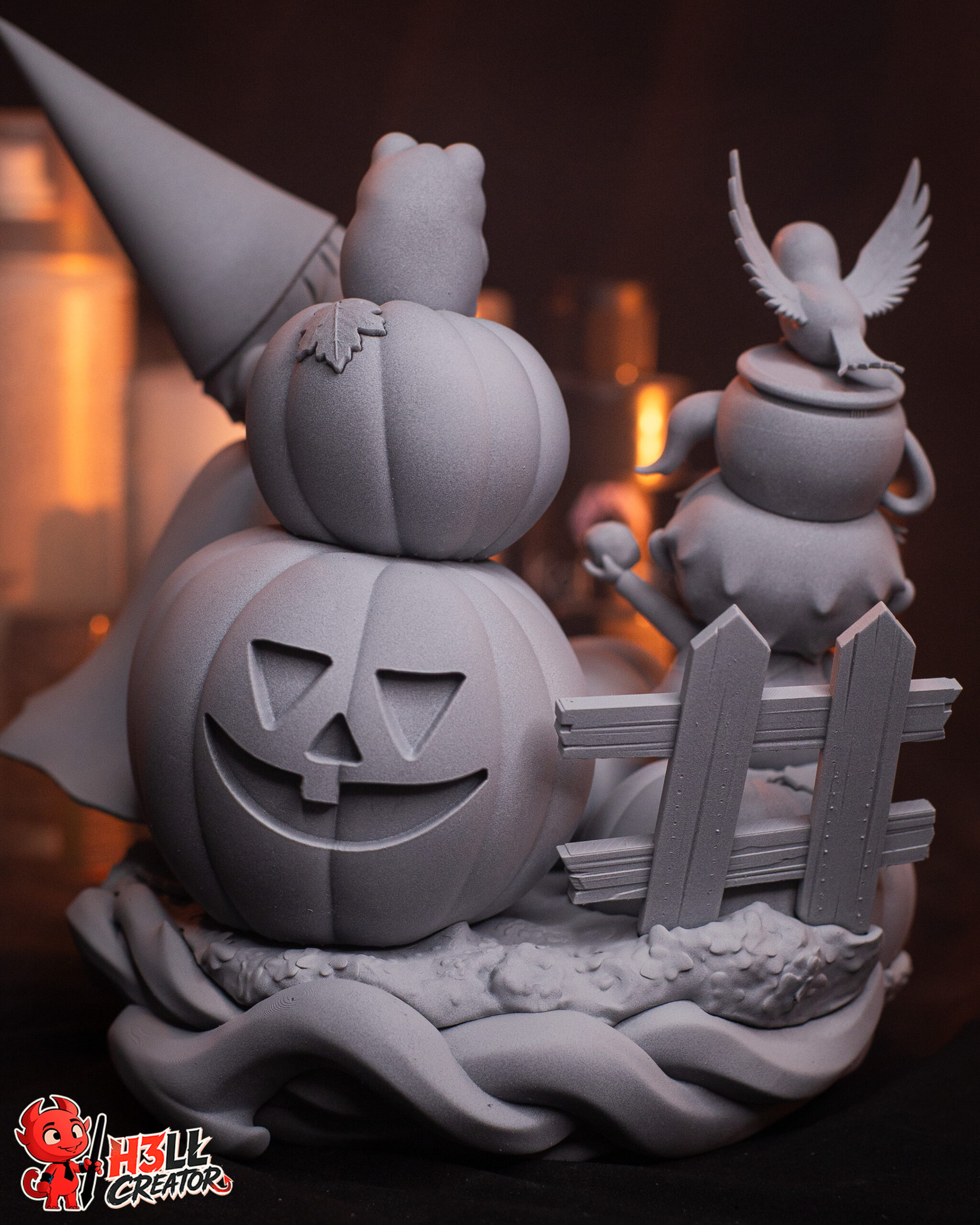 Rear photograph of the unpainted Wirt and Greg statue from Over the Garden Wall by H3ll Creator, highlighting a smiling jack-o'-lantern, rustic wooden fence, bluebird, and twisting roots around the base.