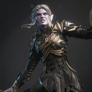 Close-up digital rendered example of Minthara from Baldur's Gate 3 by CA3D, showing her fierce expression, pale purple drow skin, silver hair, and ornate black and gold paladin armor.