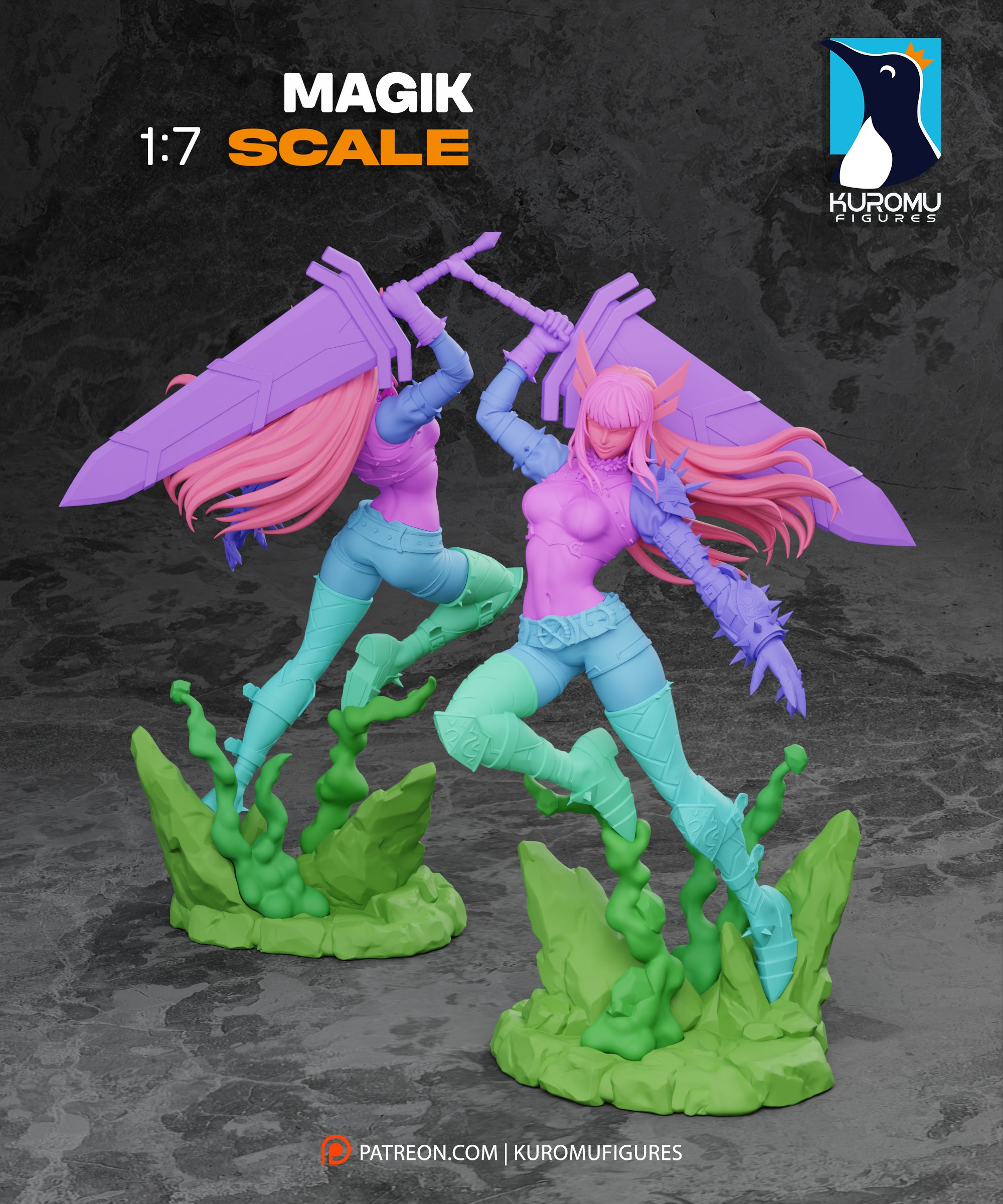Computer-generated multicolor sculpt reference showing front and rear views of a blonde swordswoman with spiked armor, an oversized blade, flowing hair, and a rocky magical smoke base.