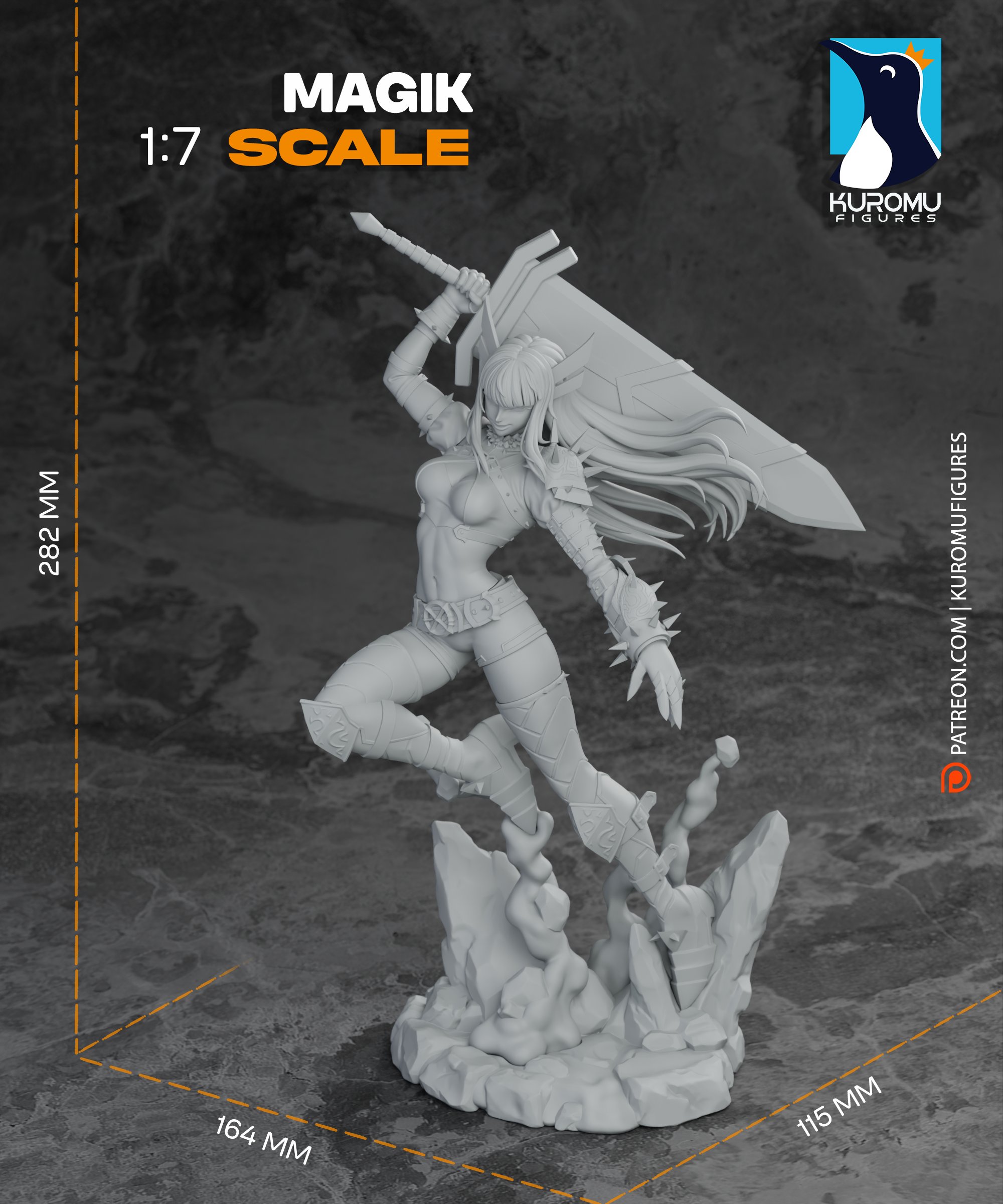 Grayscale digital sculpt of an armored fantasy swordswoman with flowing hair and a giant sword, showing original 1:7 scale dimensions of 282 mm high, 164 mm wide, and 115 mm deep