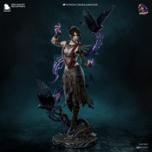 Computer-generated color render showing an example of the Morrigan Dragon Age Origins figure by Bulkamancer Sculpts, featuring dark leather clothing, burgundy fabric, black ravens, and swirling purple magical energy.