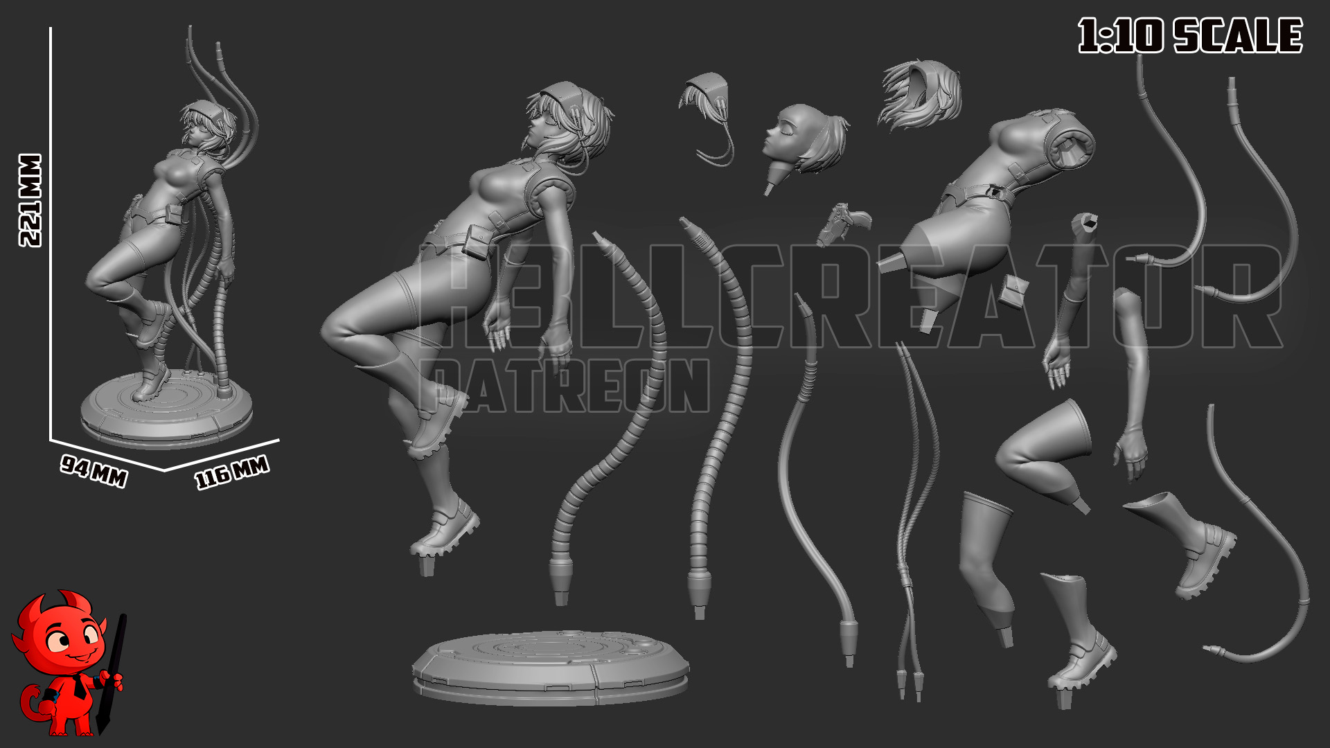 Motoko Kusanagi Ghost in the Shell figure showing original dimensions and individual sculpt parts