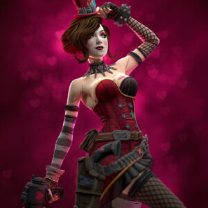 Close-up of Mad Moxxi Borderlands figure showing her top hat, corset, fishnet sleeve, and signature weapon