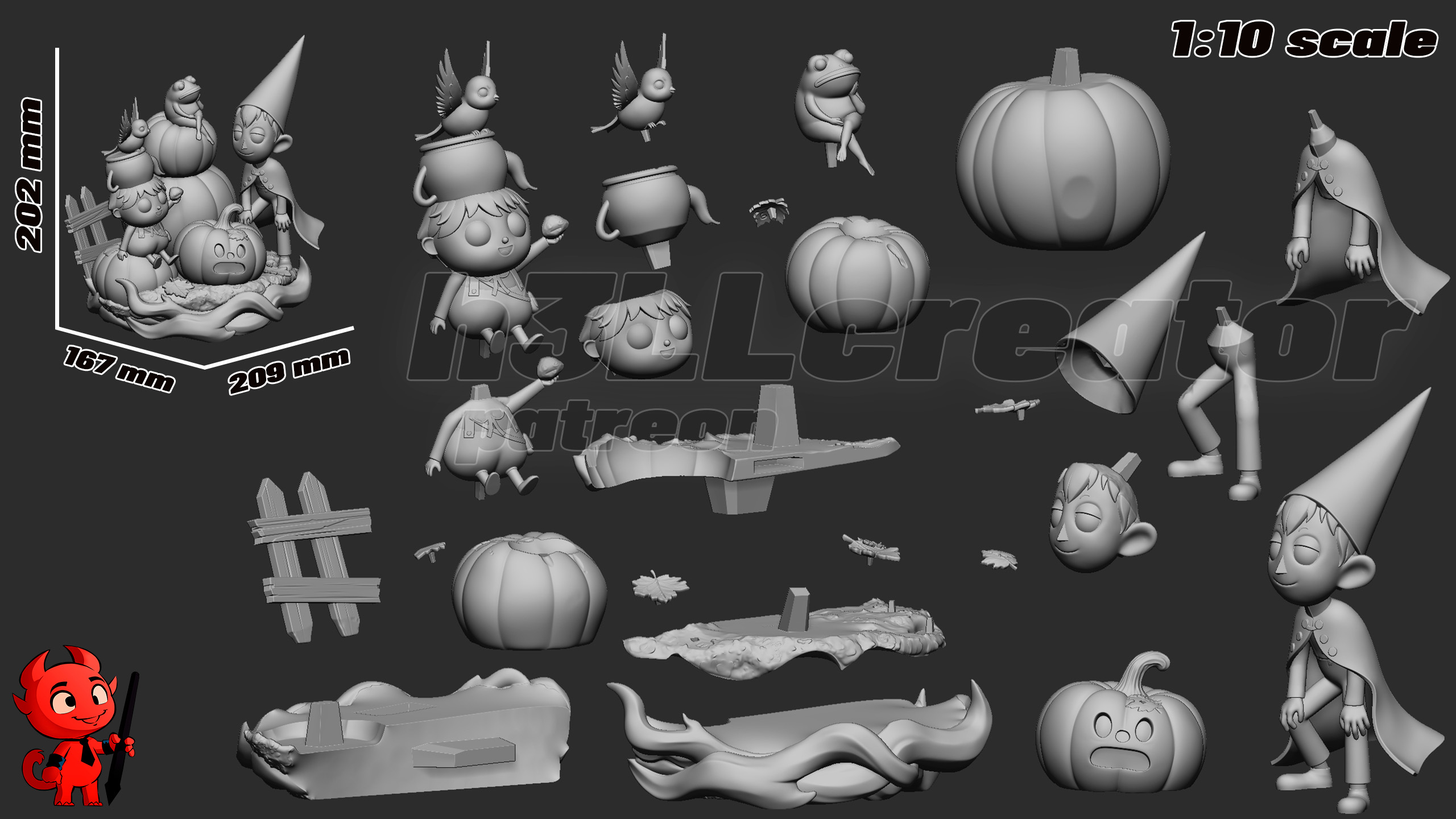 3D sculpt breakdown and original 1:10 scale dimensions for the Wirt and Greg Over the Garden Wall statue by H3ll Creator, measuring 202 mm high, 209 mm wide, and 167 mm deep.