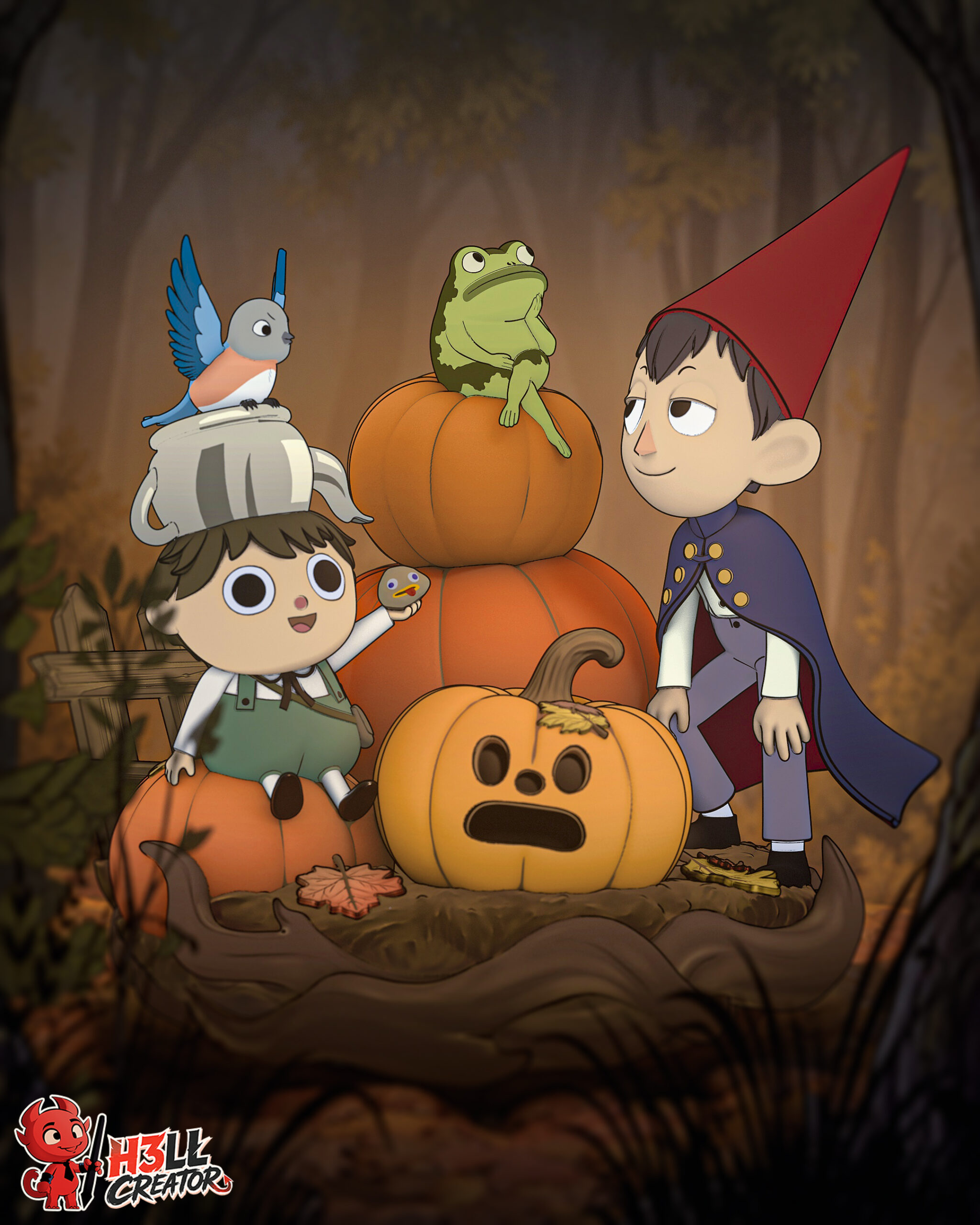 Computer-generated color render of Wirt and Greg from Over the Garden Wall by H3ll Creator, featuring pumpkins, Jason Funderburker the frog, a bluebird, and a whimsical autumn woodland base.
