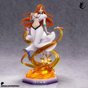 Front digital color render of Orihime Inoue from Bleach by Roy Palace, smiling in a flowing white outfit surrounded by golden Shun Shun Rikka energy and colorful fairy-like spirits.