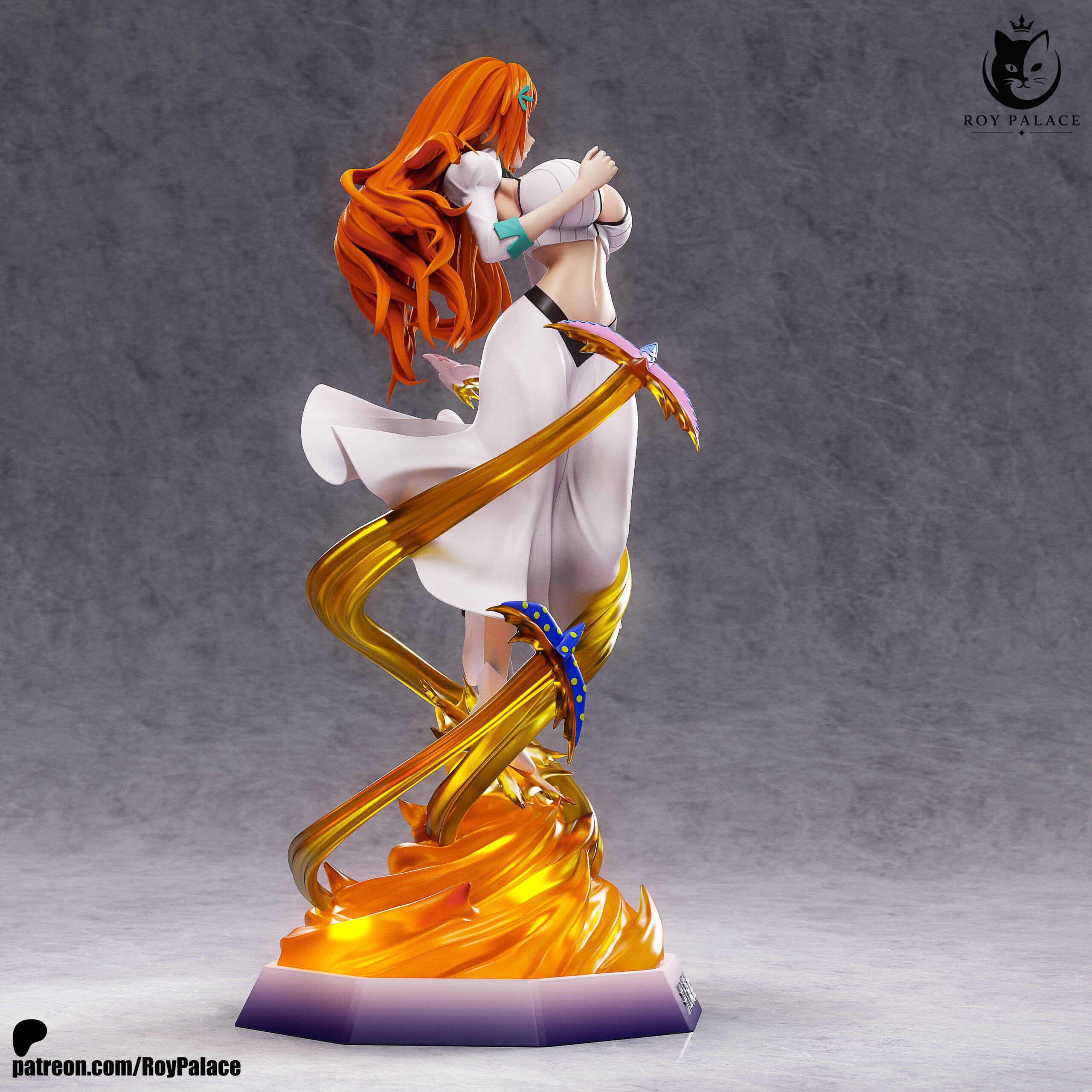 Computer-generated color render showing the side view of Roy Palace's Orihime Inoue Bleach statue, with flowing orange hair, white outfit, golden spiraling energy, and fiery display base.