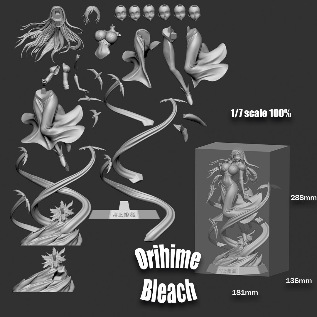 Unpainted 3D sculpt breakdown of Orihime Inoue from Bleach by Roy Palace, showing separate hair, face, clothing, Shun Shun Rikka effects, and original 1:7 scale measurements.