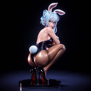 Computer-generated color render showing an example of Haridasa's Usada Pekora Hololive figure in a glossy black bunny suit, crouching with white rabbit ears, pale blue hair, sheer stockings, and black high heels on a circular display base.