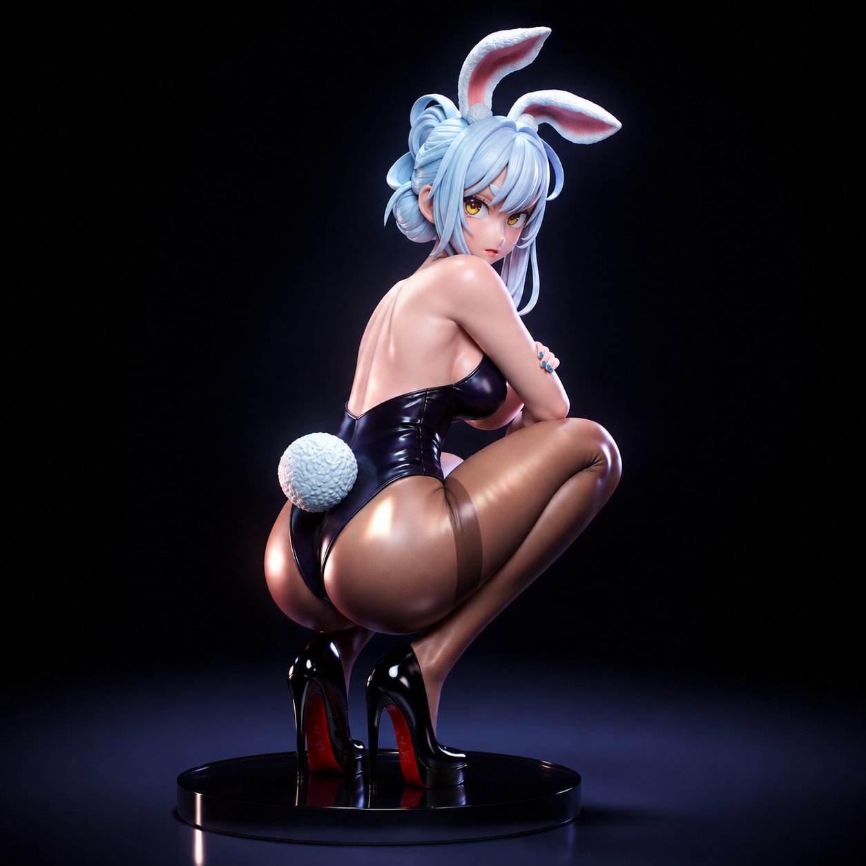 Computer-generated color render showing an example of Haridasa's Usada Pekora Hololive figure in a glossy black bunny suit, crouching with white rabbit ears, pale blue hair, sheer stockings, and black high heels on a circular display base.