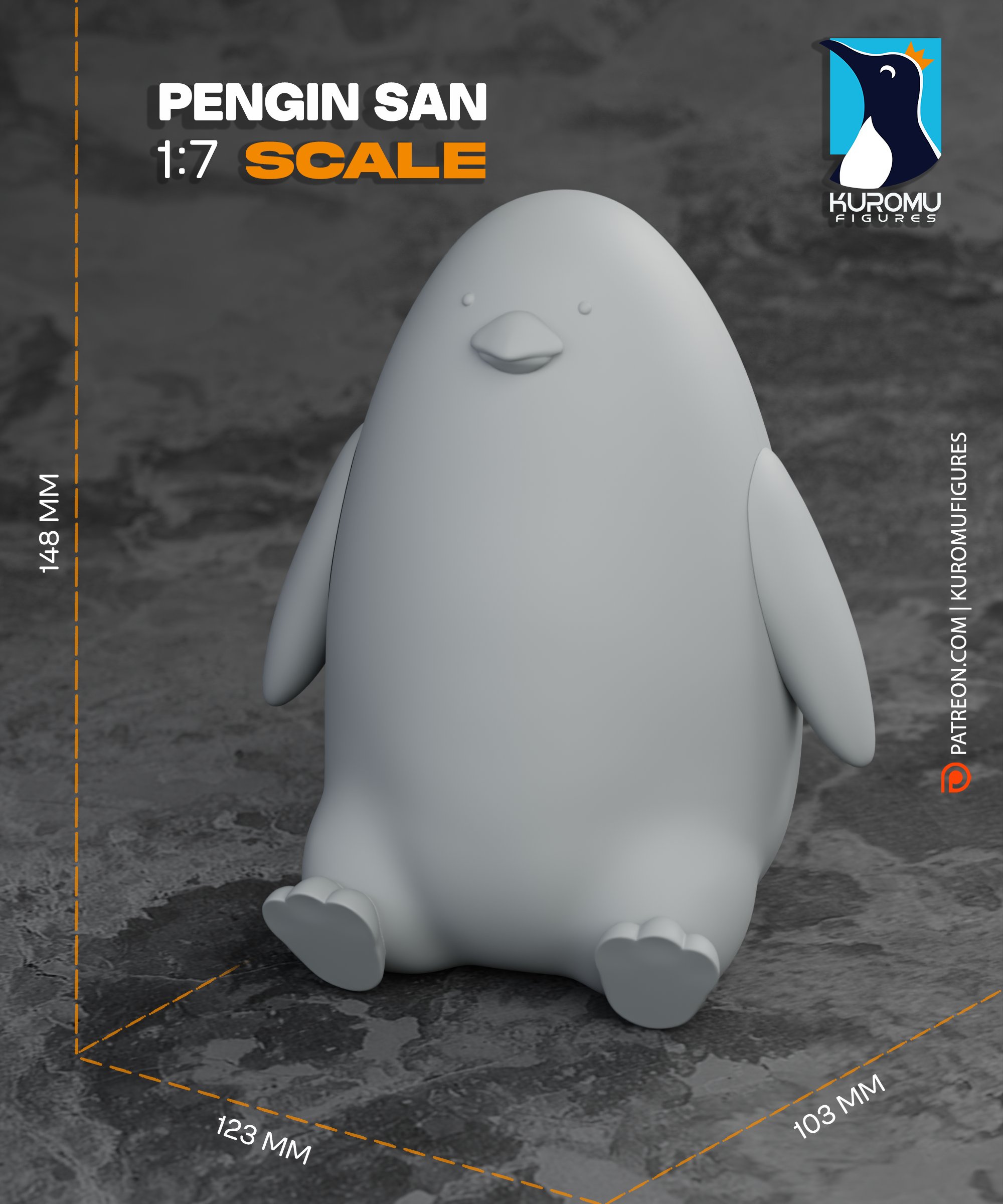 Grayscale digital sculpt of the oversized Penguin-san plush companion from Spy x Family, with flippers, rounded body and 1:7 scale dimensions of 148 mm tall, 123 mm wide and 103 mm deep.