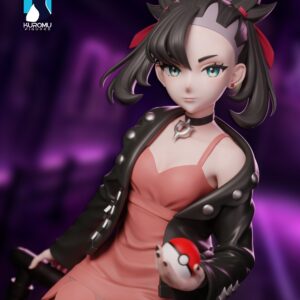 Computer-generated color render of Marnie from Pokémon by Kuromu Figures, featuring her black twin pigtails, teal eyes, pink dress, studded leather jacket, and Poké Ball.