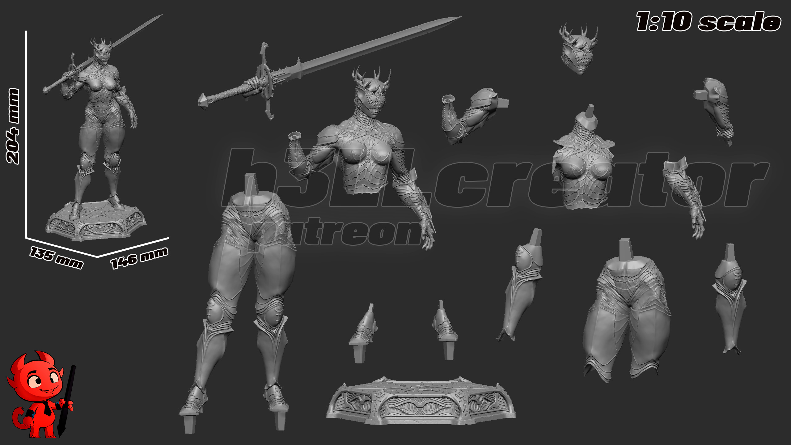 Digital sculpt breakdown of Proxima from Mortal Shell 2 by H3ll Creator, showing the horned helmet, detailed armor, greatsword, display base, and original 1:10 scale measurements.