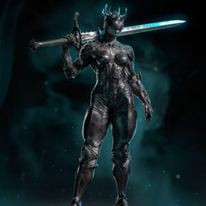 Painted example of the Proxima Mortal Shell 2 statue sculpted by H3ll Creator, featuring dark metallic armor, a horned helmet, an enormous greatsword, and dramatic teal lighting.