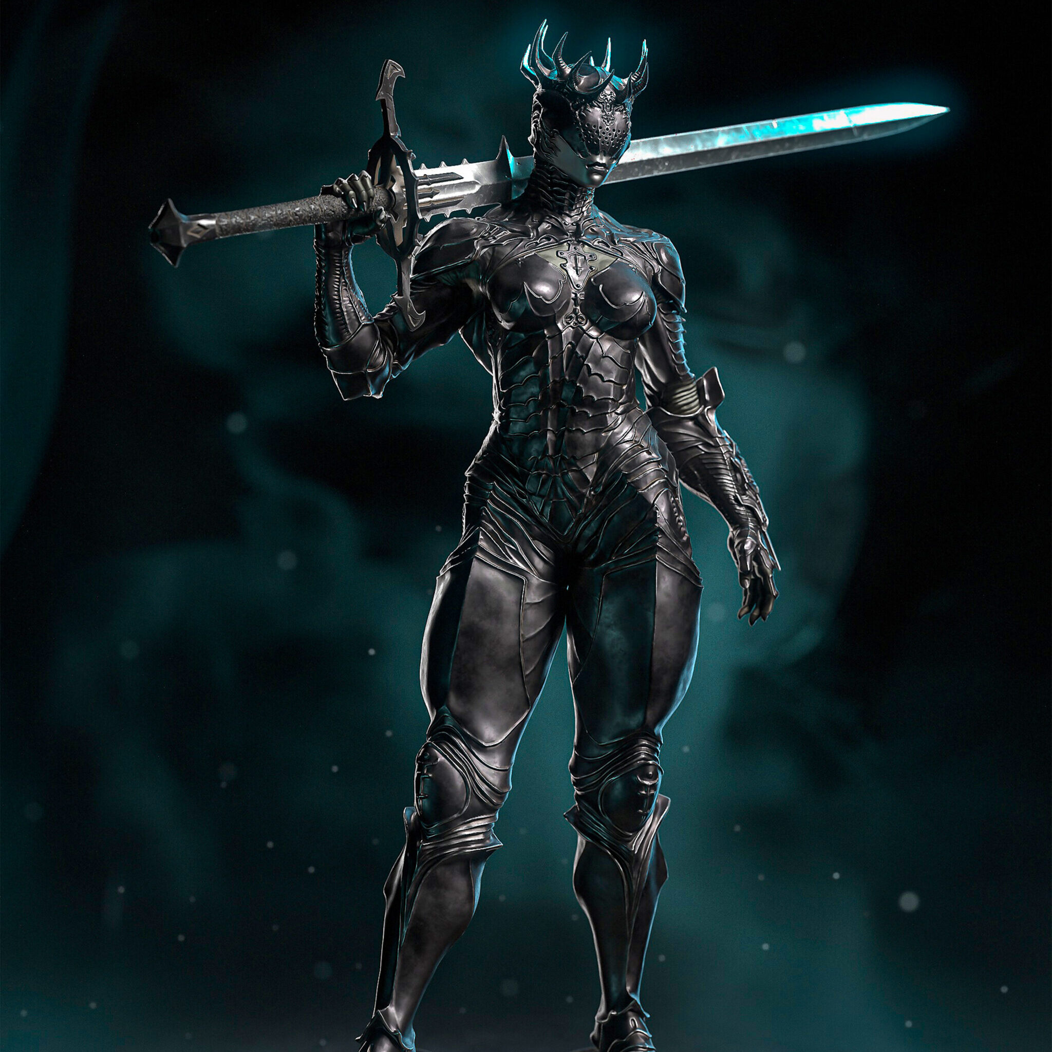 Painted example of the Proxima Mortal Shell 2 statue sculpted by H3ll Creator, featuring dark metallic armor, a horned helmet, an enormous greatsword, and dramatic teal lighting.