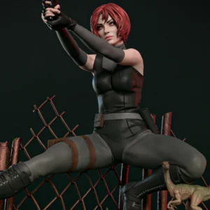 Close-up digital rendered example of Regina from Dino Crisis featuring her short red hair, two-handed pistol stance, tactical outfit, and detailed sculpted facial features.
