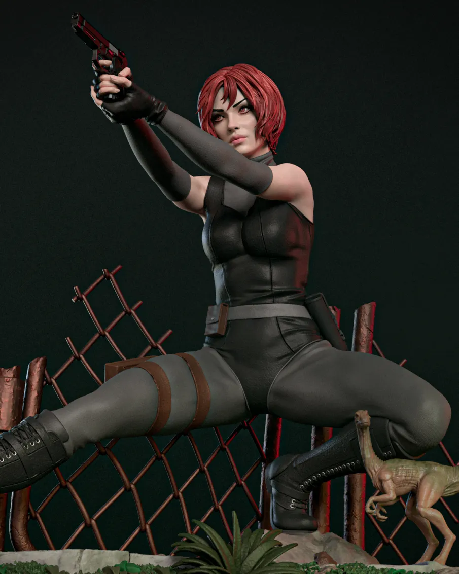 Close-up digital rendered example of Regina from Dino Crisis featuring her short red hair, two-handed pistol stance, tactical outfit, and detailed sculpted facial features.