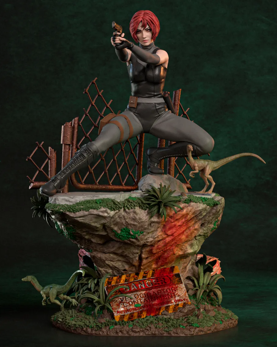 Digital rendered example of Regina from Dino Crisis aiming her pistol while perched above a rocky dinosaur habitat with a rusted fence and small raptor.