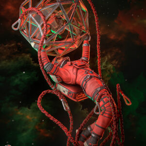 Computer-generated color render of Ryland Grace from Project Hail Mary floating in a red spacesuit beneath Rocky's geometric enclosure, surrounded by red safety tethers and dramatic green lighting. Sculpt by H3ll Creator.