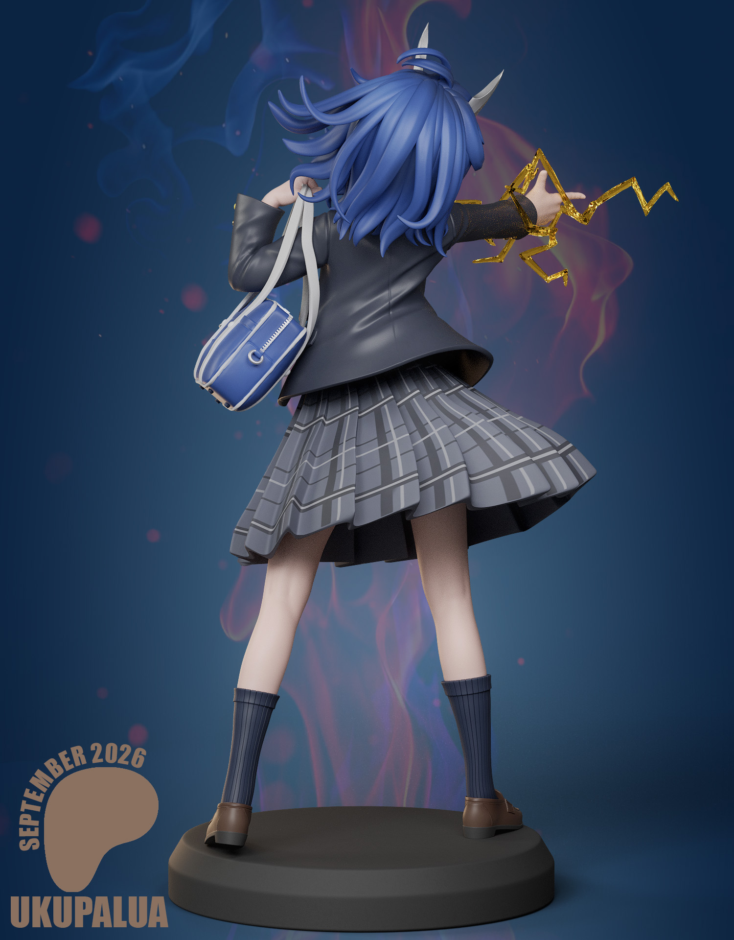 Back view of Aoki Ruri RuriDragon figure with school bag and dragon energy effect
