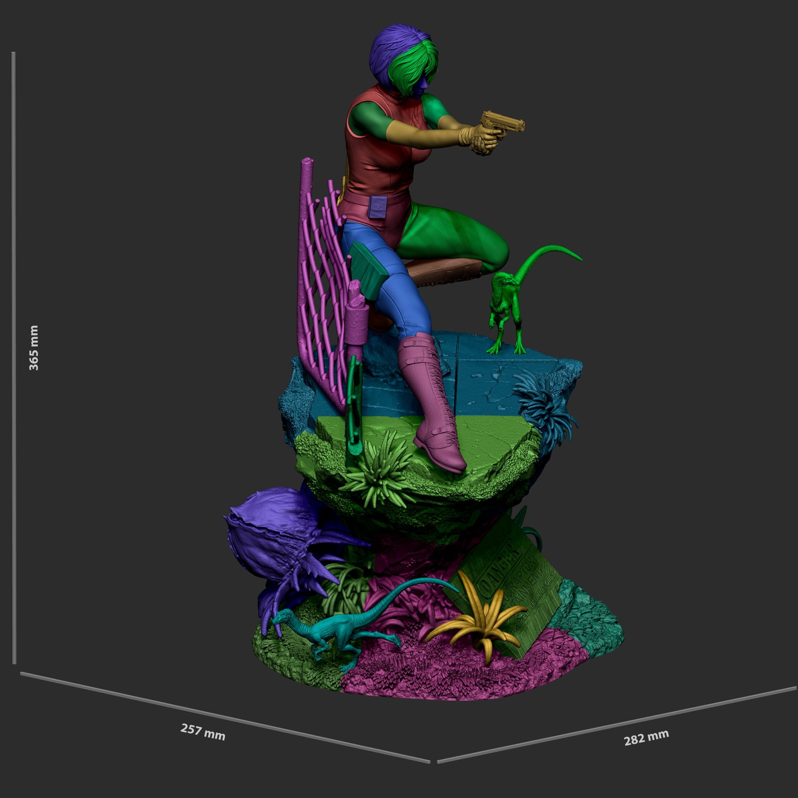 Multicolored 3D model preview of Regina from Dino Crisis showing the complete dinosaur diorama and original measurements of 365 mm tall, 257 mm wide, and 282 mm deep.