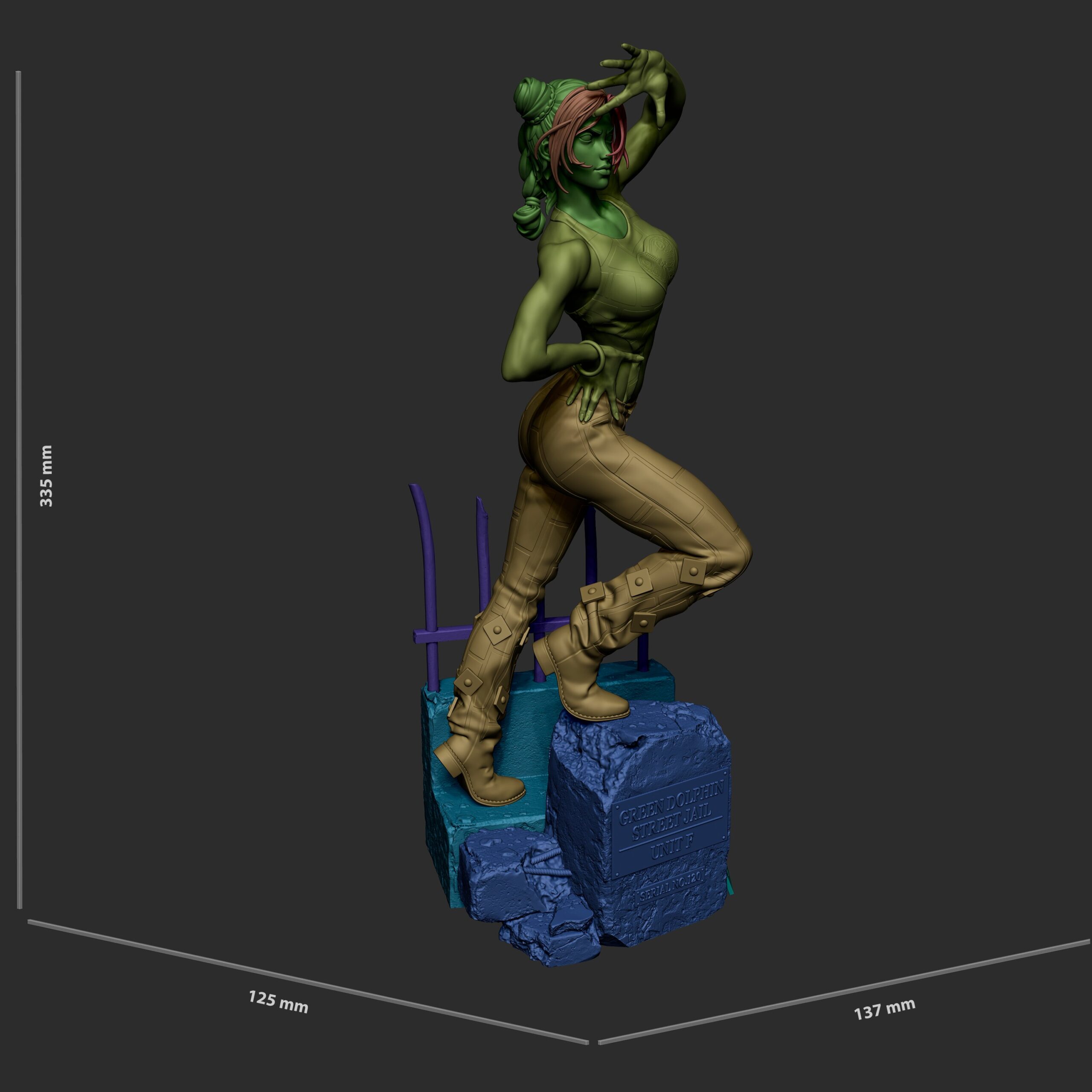 Multicolored digital sculpt preview of CA3D's Jolyne Kujo statue showing the original 1:6 scale dimensions of 335 mm high, 137 mm wide, and 125 mm deep.