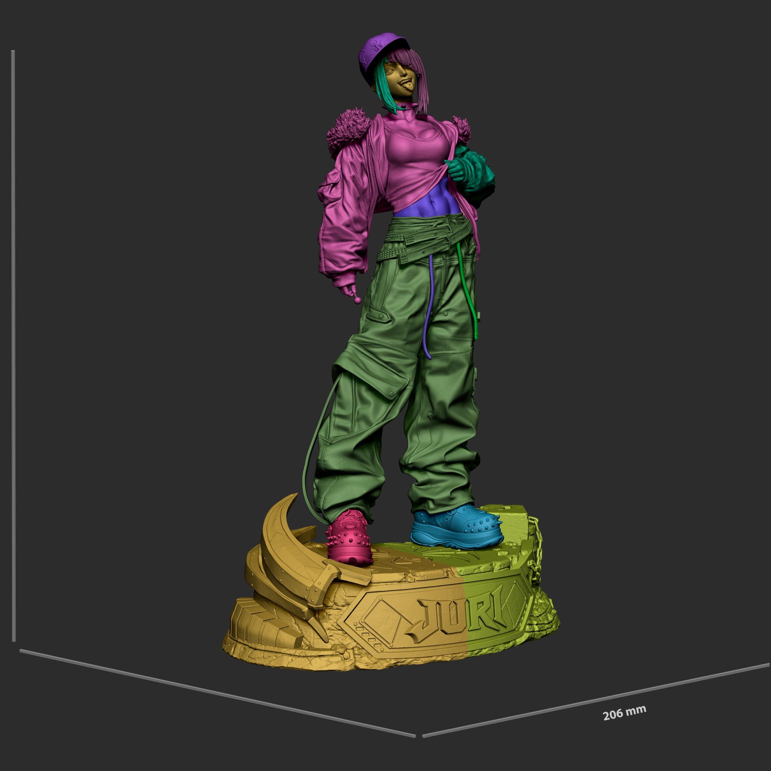 Juri Han Street Fighter streetwear figure wearing a cropped tank top, oversized jacket, cargo pants and sideways cap on a graffiti base.