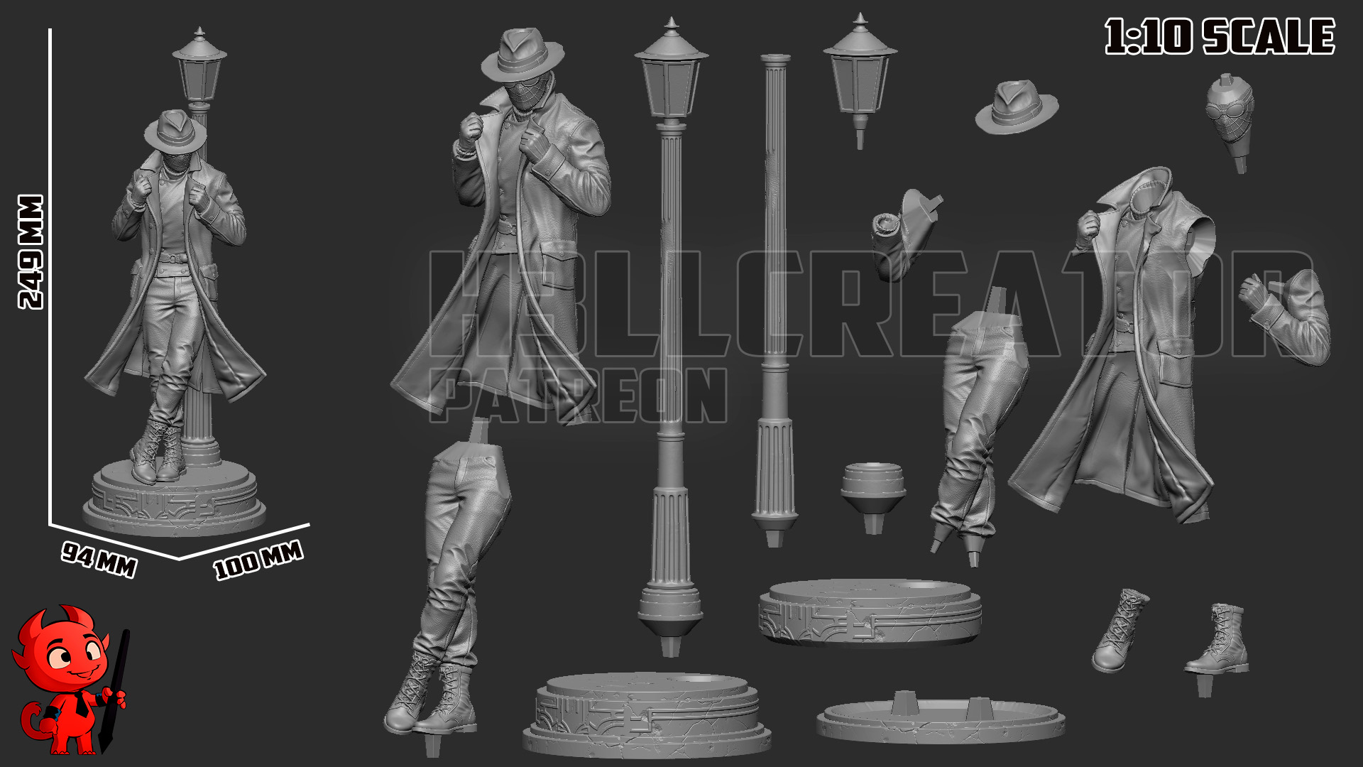 Spider-Man Noir Marvel Comics figure by H3ll Creator showing original scale dimensions and model parts
