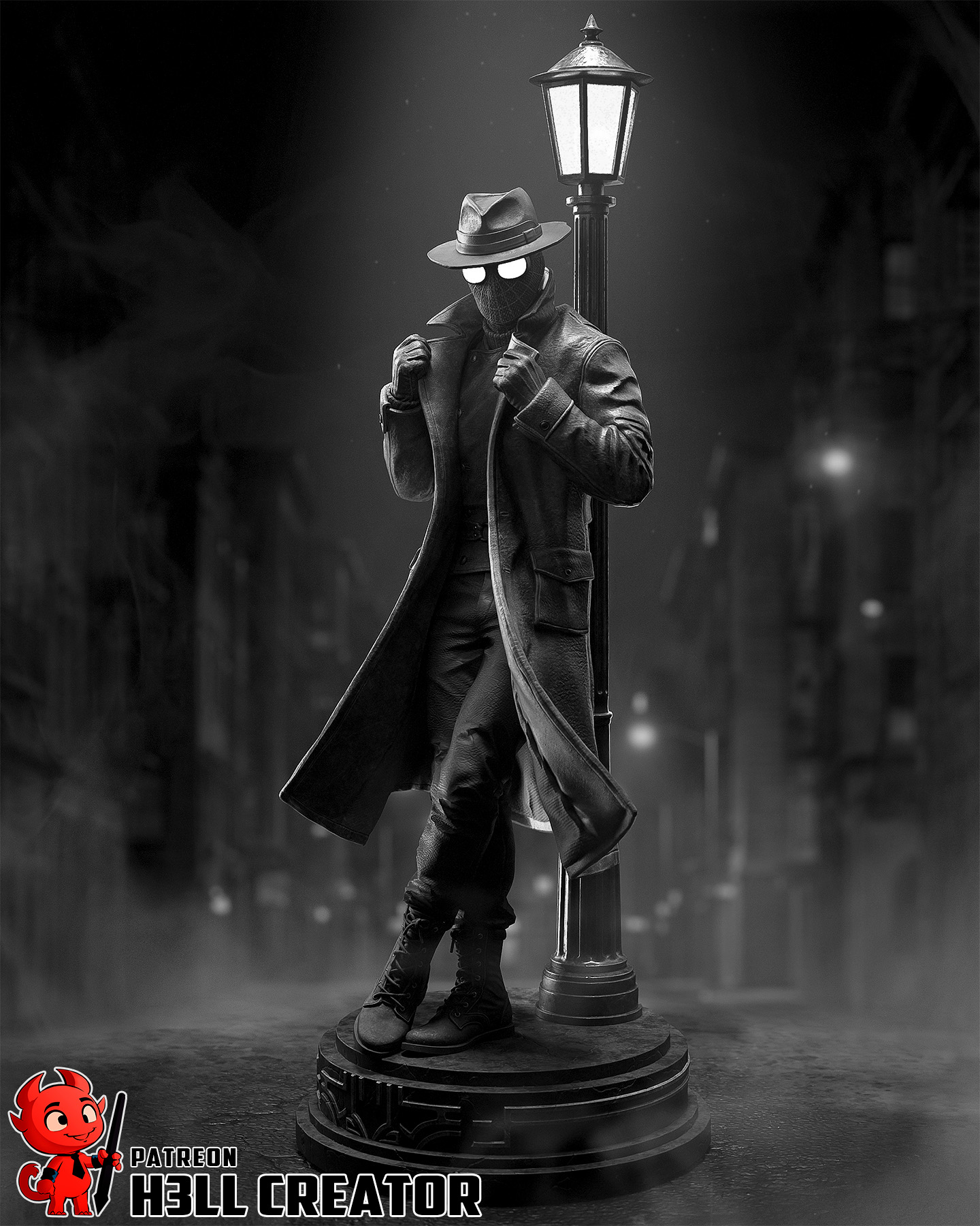 Front view of Spider-Man Noir figure with fedora, trench coat, streetlamp, and display base