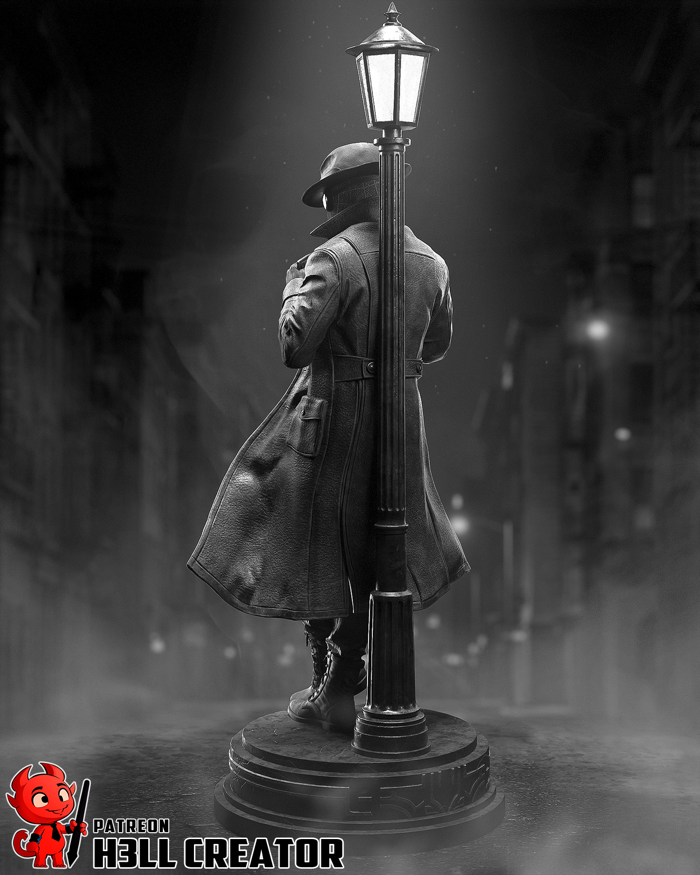 Rear view of Spider-Man Noir figure by H3ll Creator showing trench coat and streetlamp display