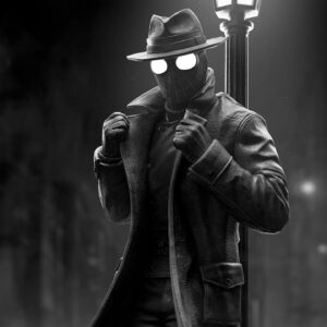Close-up of Spider-Man Noir by H3ll Creator featuring his masked face, white lenses, fedora, and trench coat