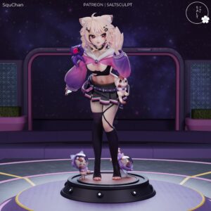 SquChan VTuber figure by SaltSculpt with purple jacket and cat companions