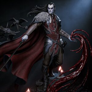 Strahd Von Zarovich figure by CA3D with crimson eyes, flowing cape, bats, and blood magic in a detailed front view.
