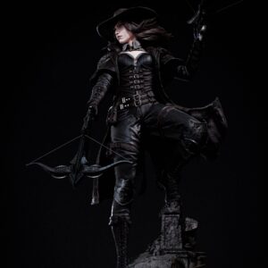 Witch Hunter original character figure by CA3D with a wide-brimmed hat, black leather armor, dual crossbows, and a weathered stone cemetery base.