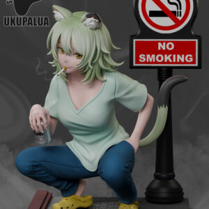 Yaniko Satou Chainsmoker Cat figure by Ukupalua beside a No Smoking sign