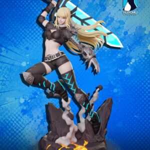 Computer-generated color render of a blonde sorceress warrior statue by Kuromu Figures, wielding a massive glowing blue sword above a rocky lava base with smoke effects.