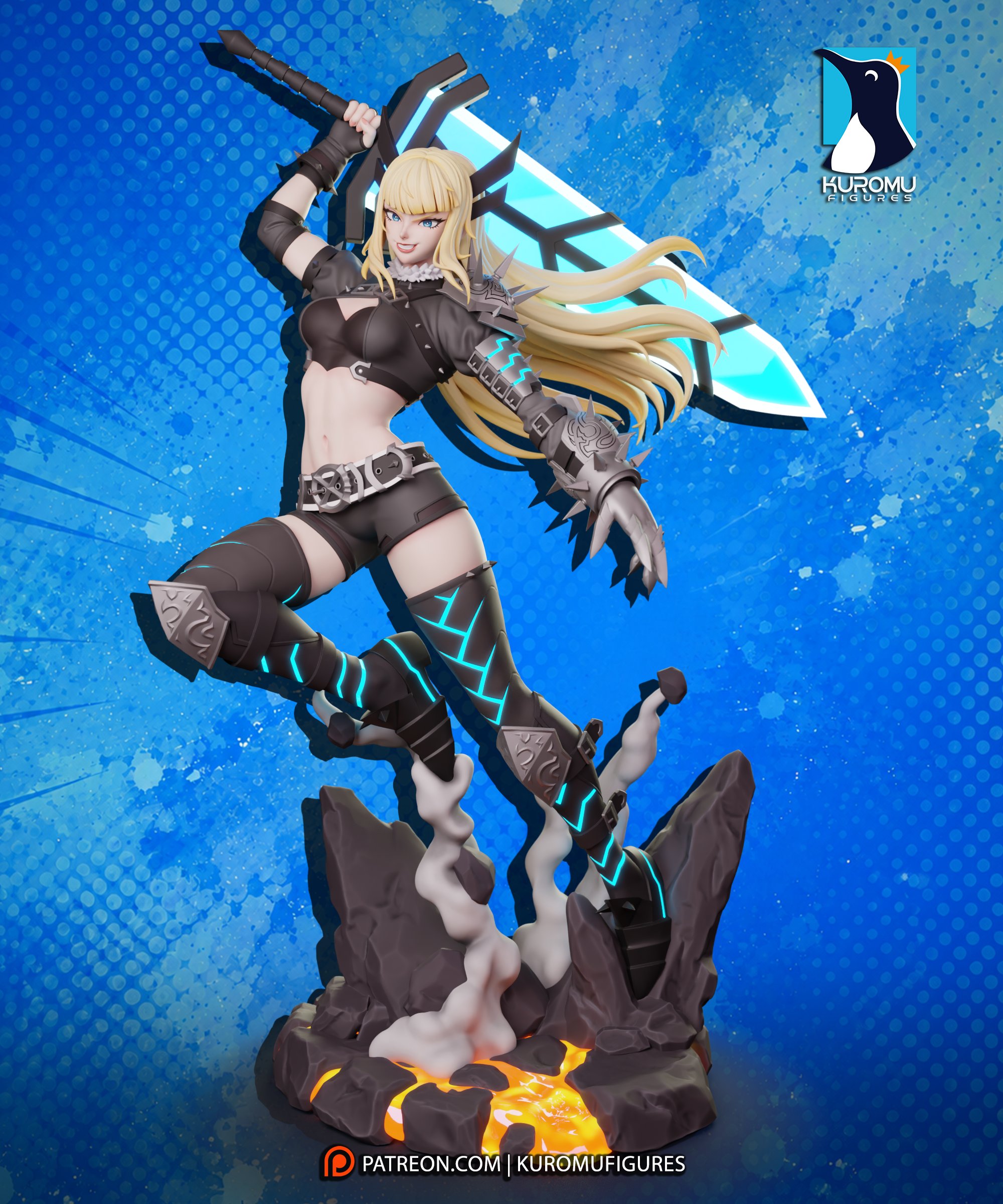 Computer-generated color render of a blonde sorceress warrior statue by Kuromu Figures, wielding a massive glowing blue sword above a rocky lava base with smoke effects.