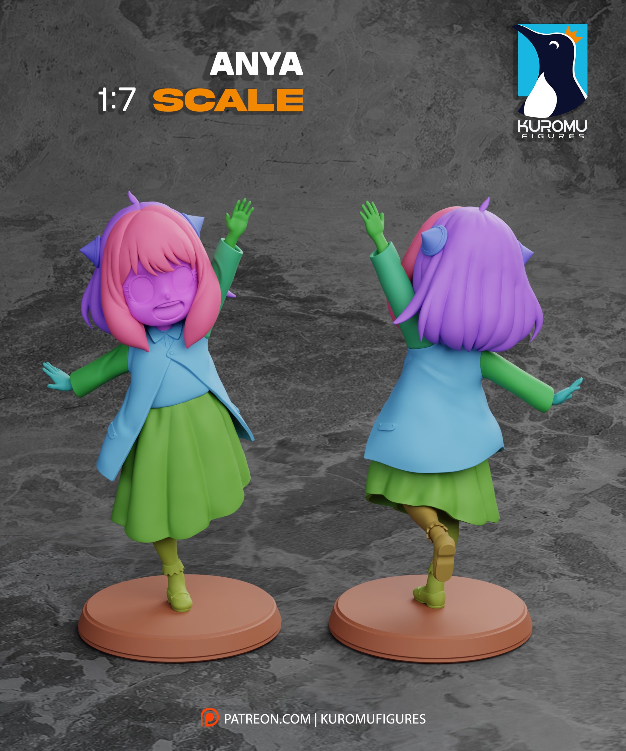 Computer-generated multicolor sculpt reference showing front and rear views of Anya Forger with pink hair, raised arms, school uniform and round display base.