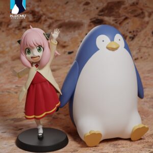 Digital rendered example of Anya Forger in her red Eden Academy dress beside a giant blue and white penguin from Spy x Family, sculpted by Kuromu Figures.