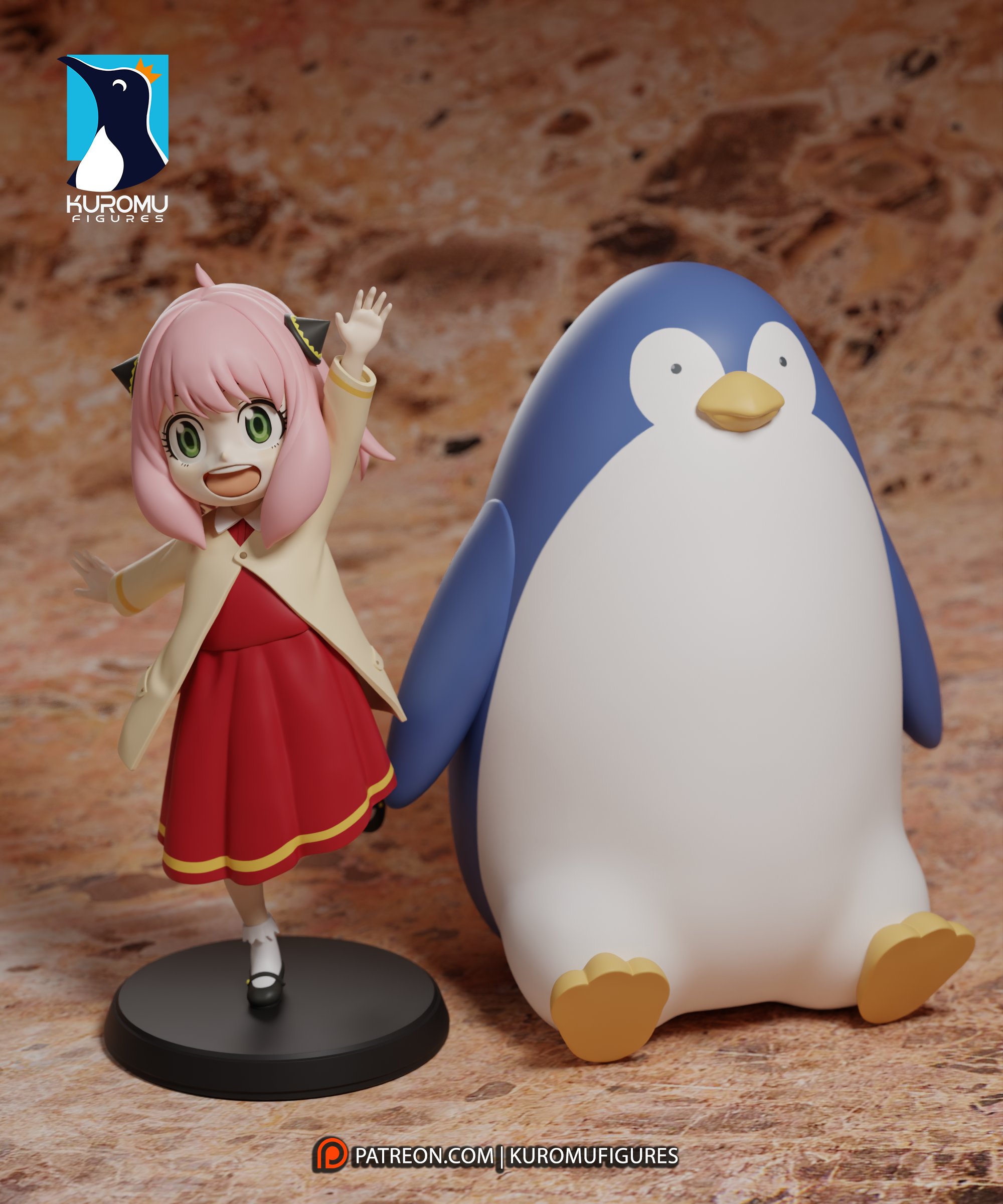 Digital rendered example of Anya Forger in her red Eden Academy dress beside a giant blue and white penguin from Spy x Family, sculpted by Kuromu Figures.