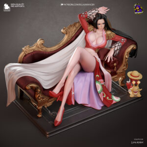 Computer-generated color render of Boa Hancock from One Piece by Bulkamancer Sculpts, wearing her red outfit and heels while reclining on a luxurious burgundy and gold chaise beside a miniature Luffy companion.