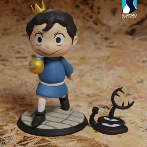 Digital rendered color example of Bojji from Ranking of Kings in his blue royal outfit and gold crown, pointing his sword forward with his black shadow companion Kage nearby.
