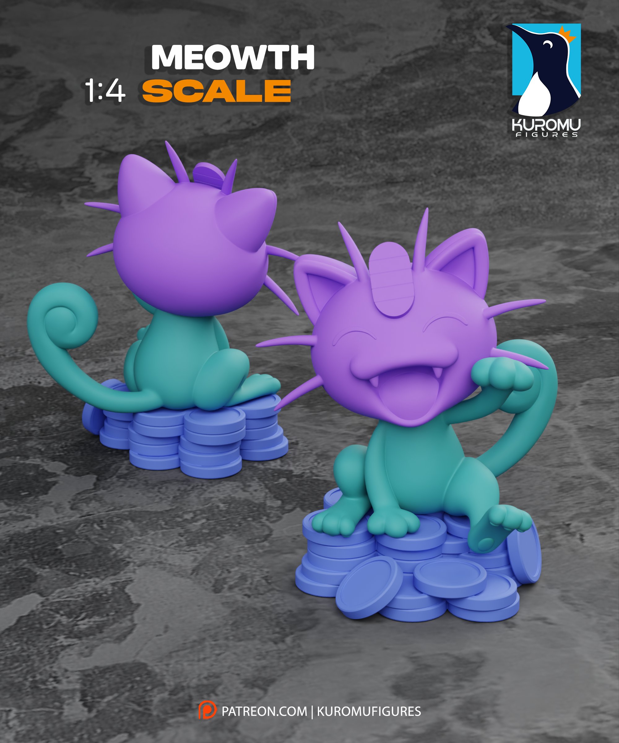 Computer-generated color guide of the Meowth Pocket Monsters statue by Kuromu Figures, displaying purple head details, turquoise body and tail, and blue coin stacks from front and rear angles.