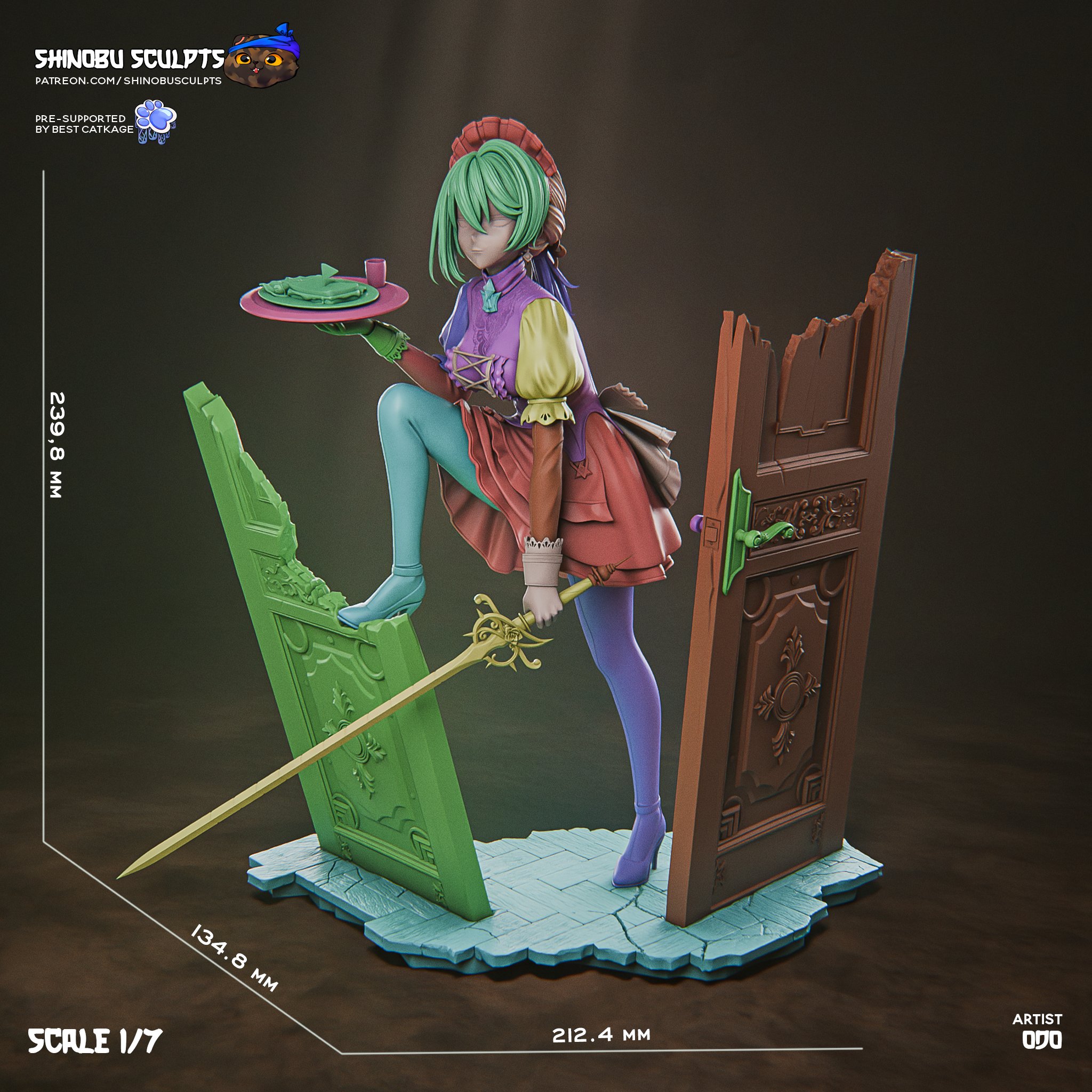 Computer-generated color render of Sextans from Girls' Frontline 2: Exilium by Shinobu Sculpts, showing her sword, serving tray, broken doorway base, and original 1:7 scale dimensions.
