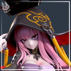Close-up of Mori Calliope JIGOKU 6 figure showing pink hair, crimson eyes, and ornate black hat