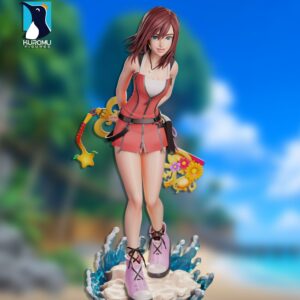 Front view photograph of an unpainted fantasy heroine statue by Kuromu Figures, showing detailed hair, expressive blue eyes, zippered outfit, floral weapon, and translucent wave effects.